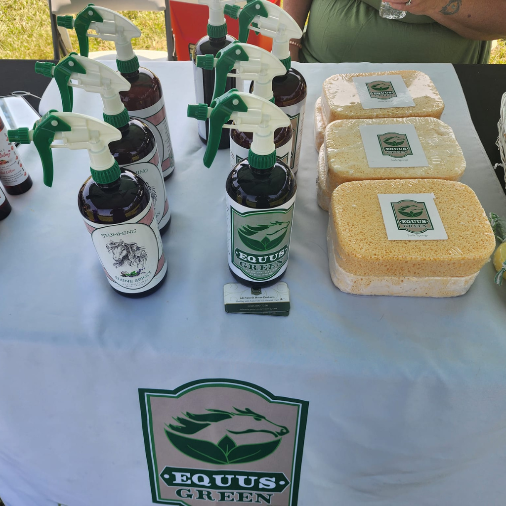 Equus Green Equine Care Collection with organic fly spray, shine spray, and new goats milk infused sudz sponge.